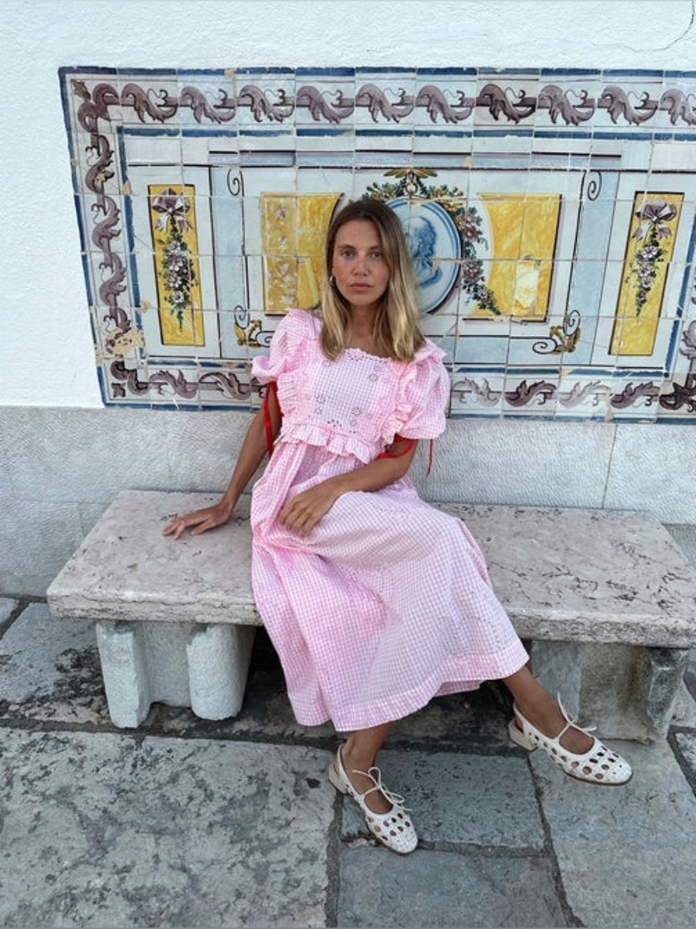 Damson Madder Rhea Puff-Sleeve Midi Dress Pink Gingham Sz US 10